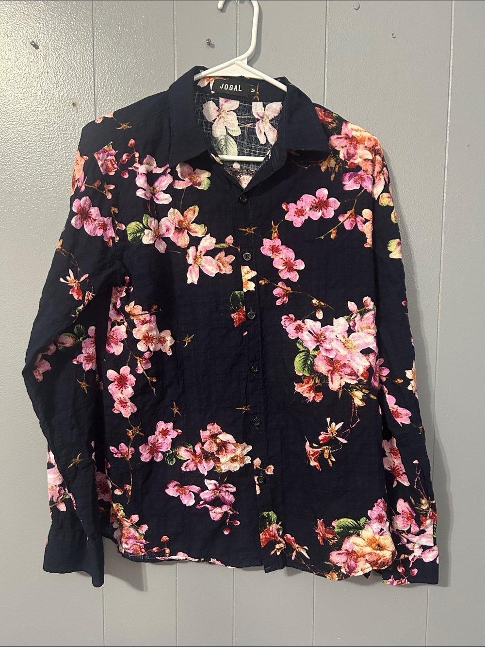 JOGAL Navy Floral Long-Sleeve Dress Shirt with Pink Blossom Print
